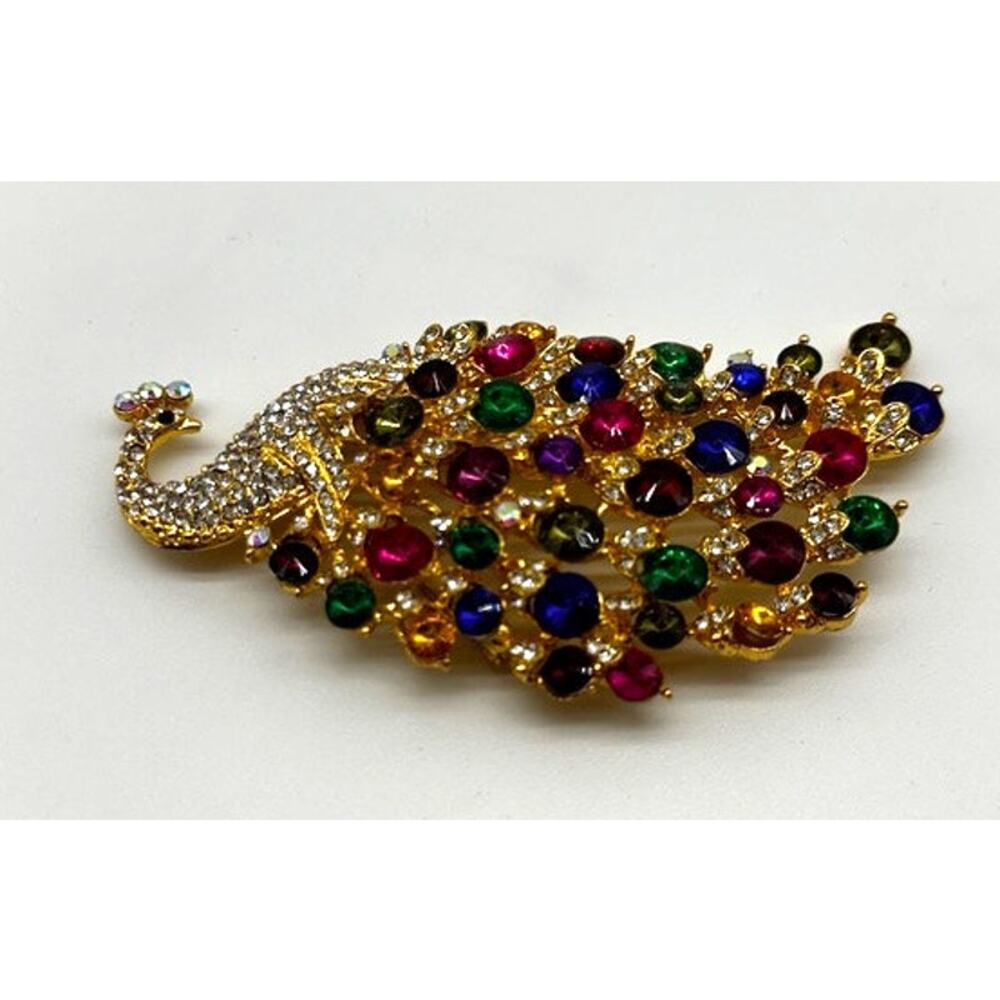 Vintage 1970s Peacock Brooch with Multiple Gemstones and Silk Bag